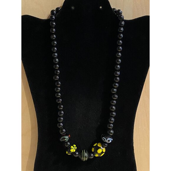HANDMADE Jewelry - Vintage Porcelain Beads Necklace With Funky Yellow Polka Dot Accents For Retro C